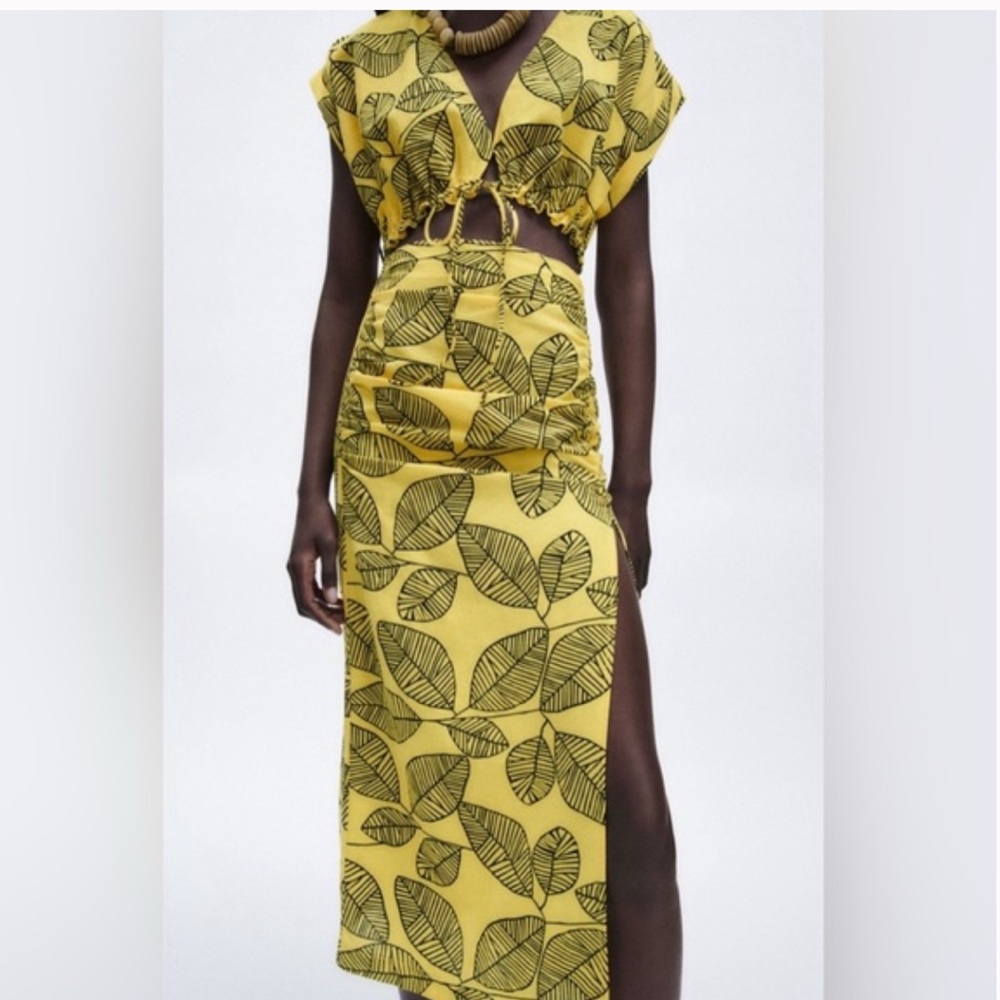 Zara Yellow Cropped Top and Midi Pencil Skirt set with Cut Out